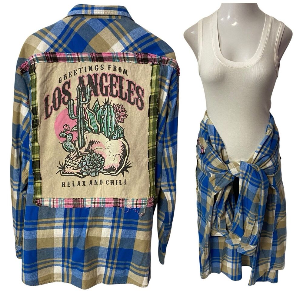 Upcycled Flannel Shirt Womens 3X Shacket Blue Desert Cactus Grunge Concert Art